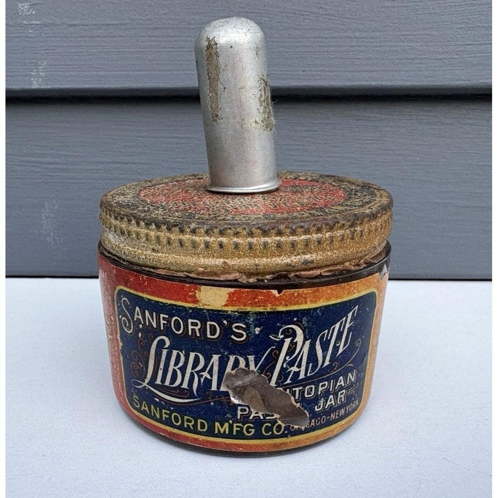 Vintage advertising glass jar Sanford's Library Paste early 1900's paper label